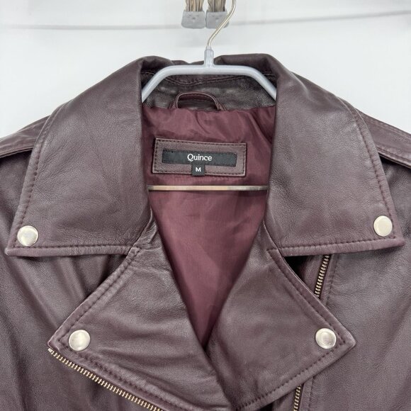 Quince Women's Port Leather Motorcycle Jacket sz M Medium Sheep Leather Belted - Picture 2 of 11